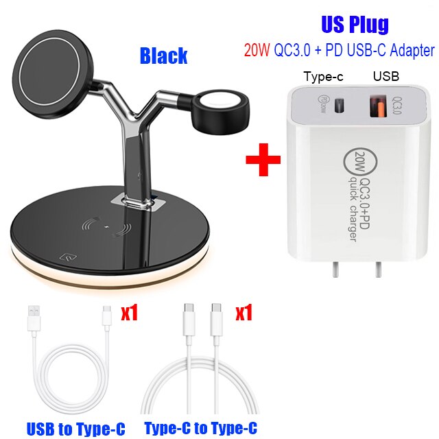 3-in-1 Magnetic Wireless Charger - 15W Fast Charging Station for iPhone 12 Series, Apple Watch & AirPods Pro: Add US Plug Black