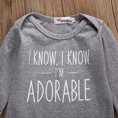 Autumn Infant Newborn Baby Girl Boy Letters Romper Cotton Gray Jumpsuit Long Sleeve Outfit Clothes
