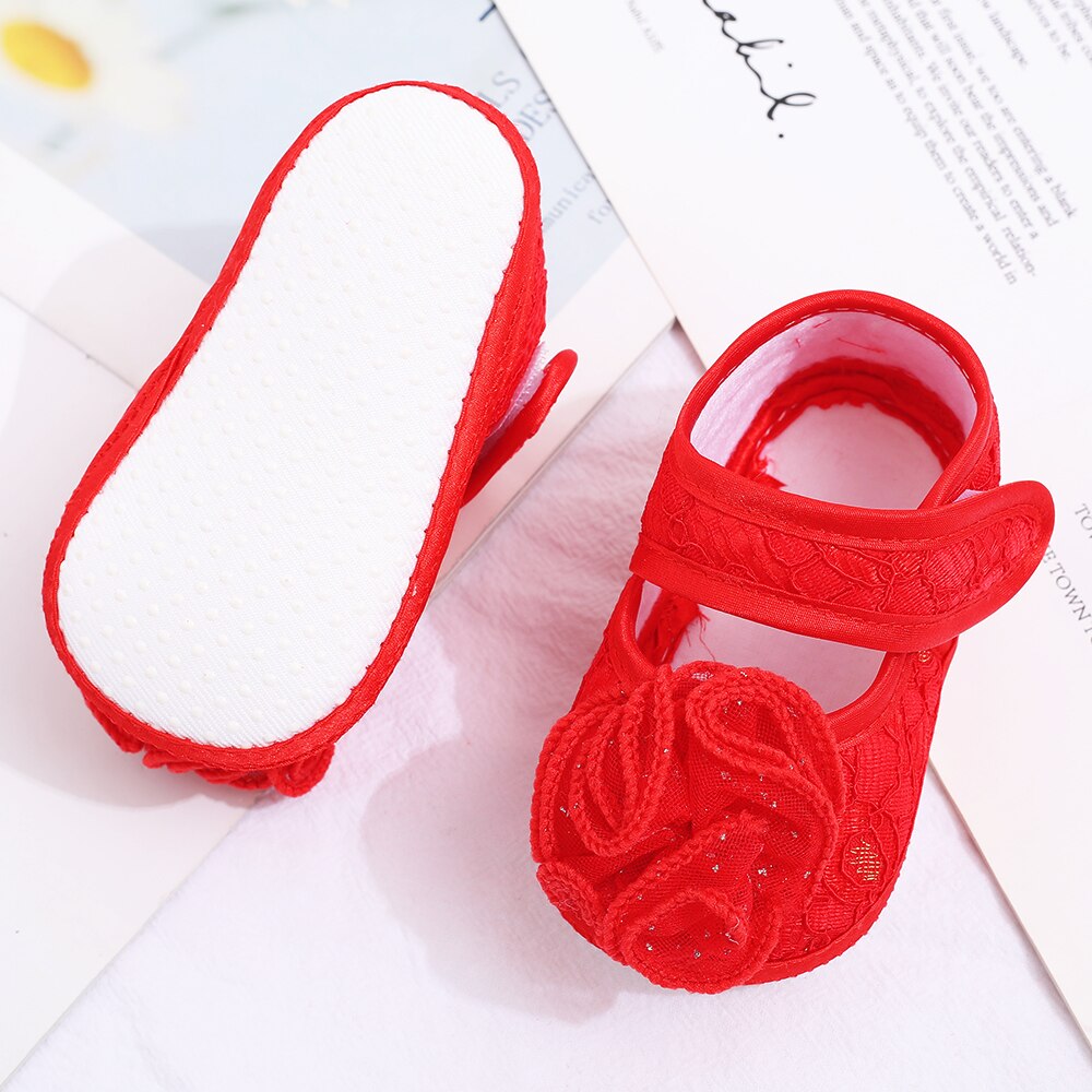 Bébé filles chaussures couleur unie princesse dentelle fleur chaussures semelle souple enfant en bas âge chaussures pour 0-1 an