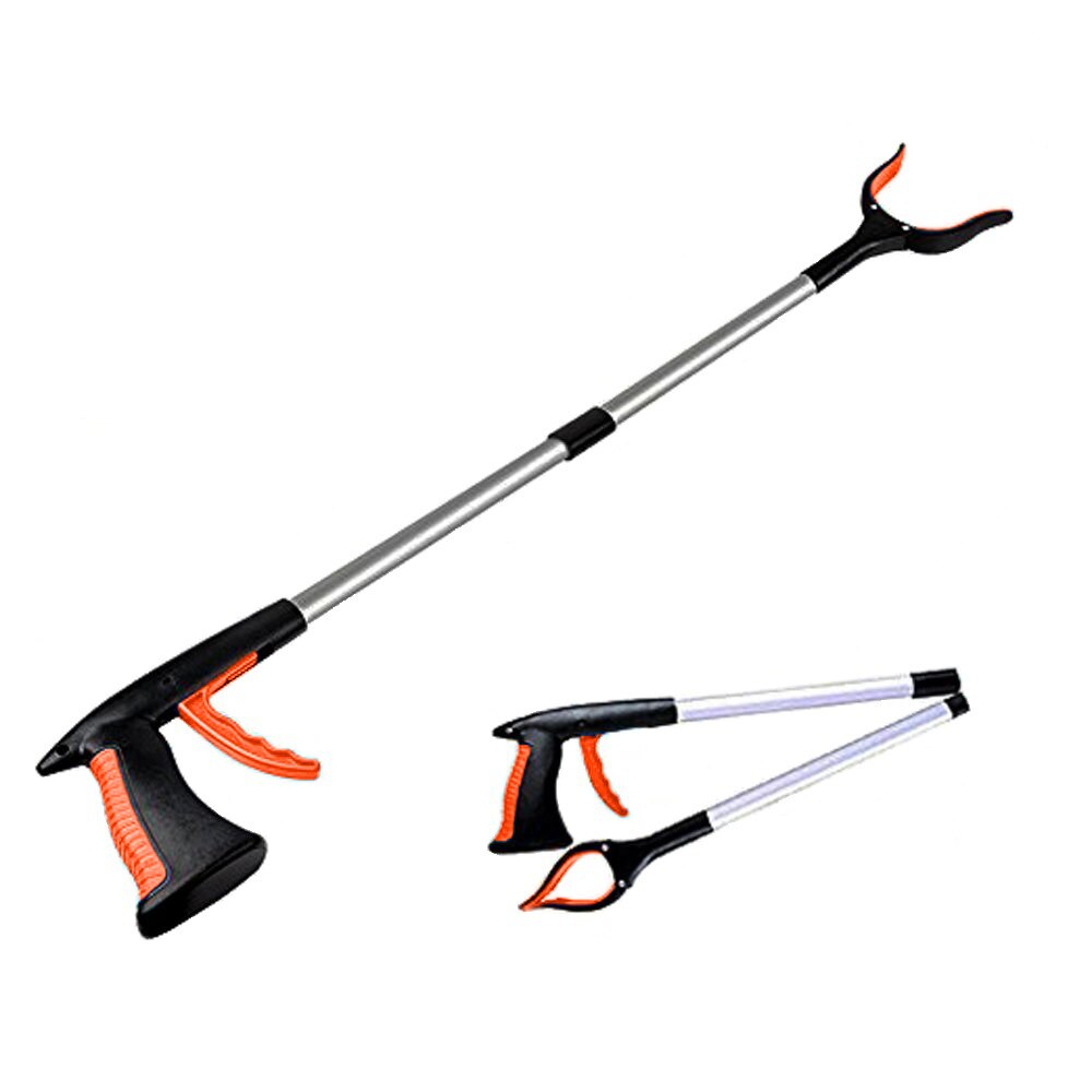 Foldable Long Trash Clamps Grab Pick Up Tool Curved Handle Gripper Portable Factory House Pickup Grabber Tools Helpful: Orange