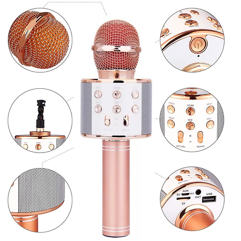 Micrófono inalámbrico con Bluetooth para Karaoke, altavoz , reproductor de mano, grabador para cantar para niños