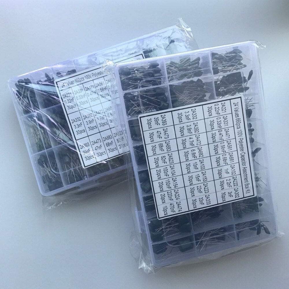 24 Values 660pcs 100V (2A221J~2A474J ) 2A221 2A331 2A471 2A561 2A681 2A102 2A222 2A302 Polyester Film Capacitor Assorted Kit