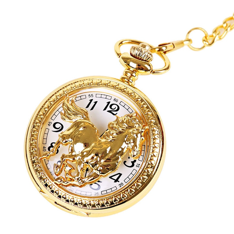 OTOKY Zakhorloge Mannen Gold Paard Quartz Horloge Vintage Ketting Retro Zakhorloge Met Ketting 80103