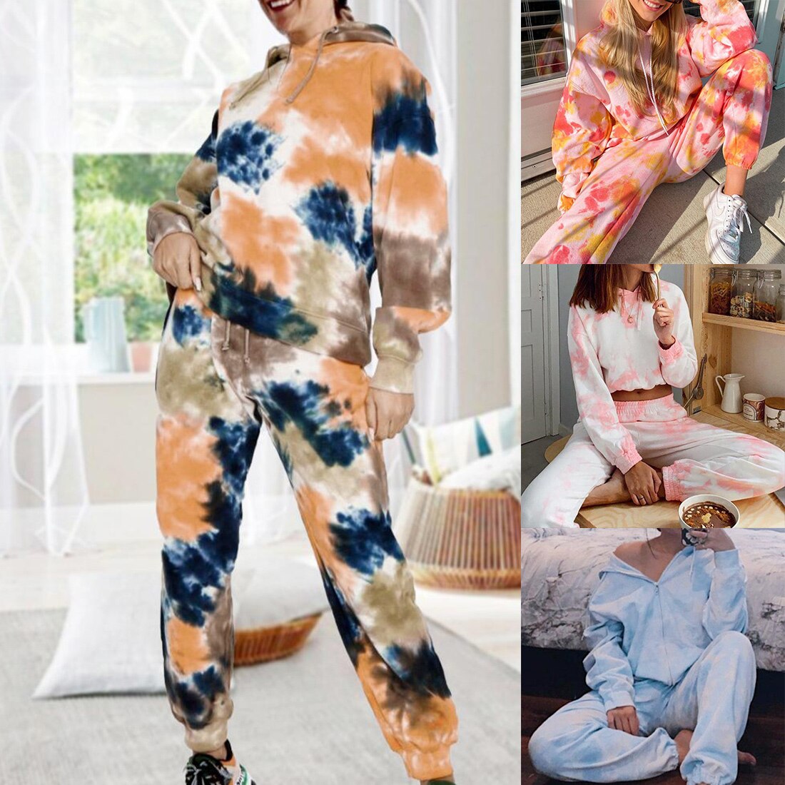 Vrouwen Print Trainingspak Tweedelige Set Hooded Lange Mouwen Tops Losse Elastische Taille Lange Broek Vrouwelijke Running Past Sportwear