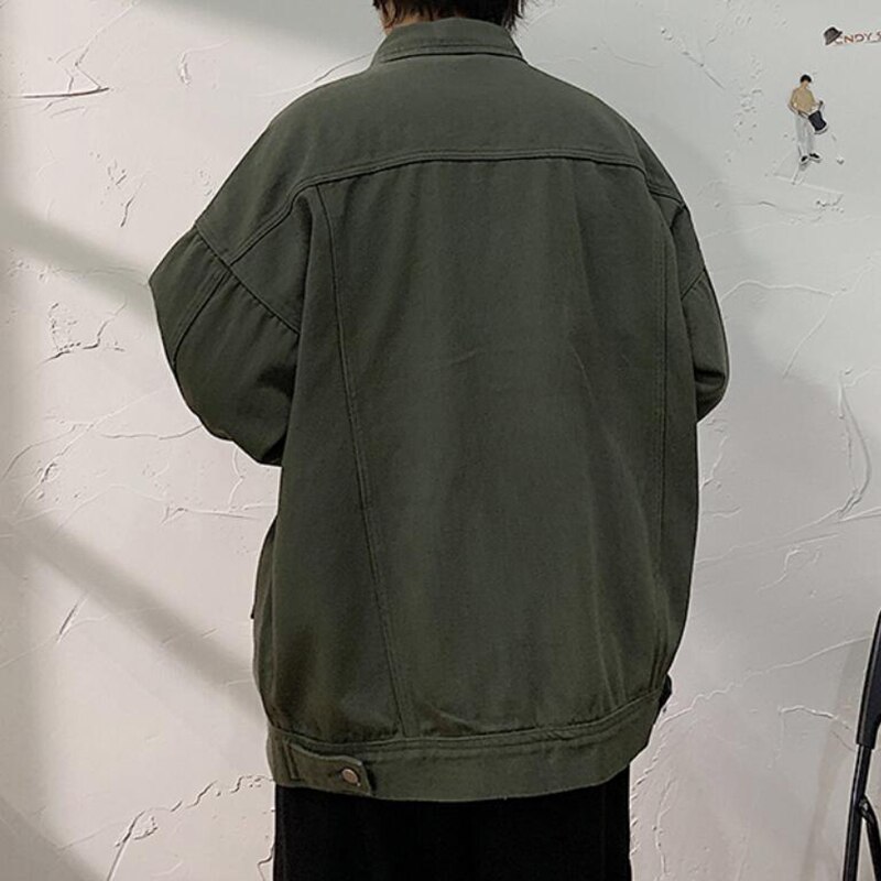 Höst män grön jeansjacka koreansk lapel långärmad vita jeans jackor man casual lös enkelknäppt svart jacka
