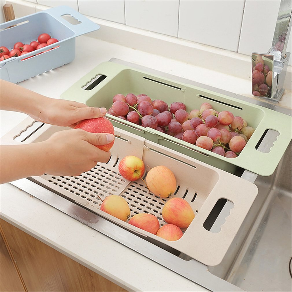 Udtrækkelig justeringsvask teleskopisk vaskekurv vaskekurv til frugt og grøntsager