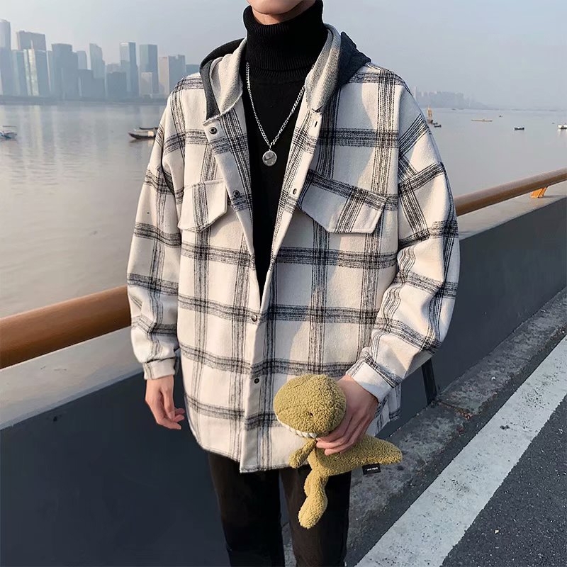 Höst ull skjorta herr retro tjock rutig skjorta män streetwear vild lösa huva långärmad skjorta jacka herr m -2xl: Vit / 2xl