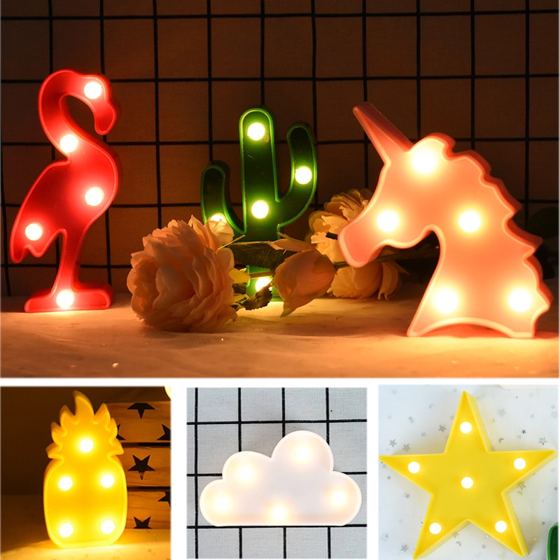 Lámpara de luz LED nocturna para niños, Flamenco, Estrella, piña, Cactus, hawaiana, , lámpara de pared del dormitorio, de decoración