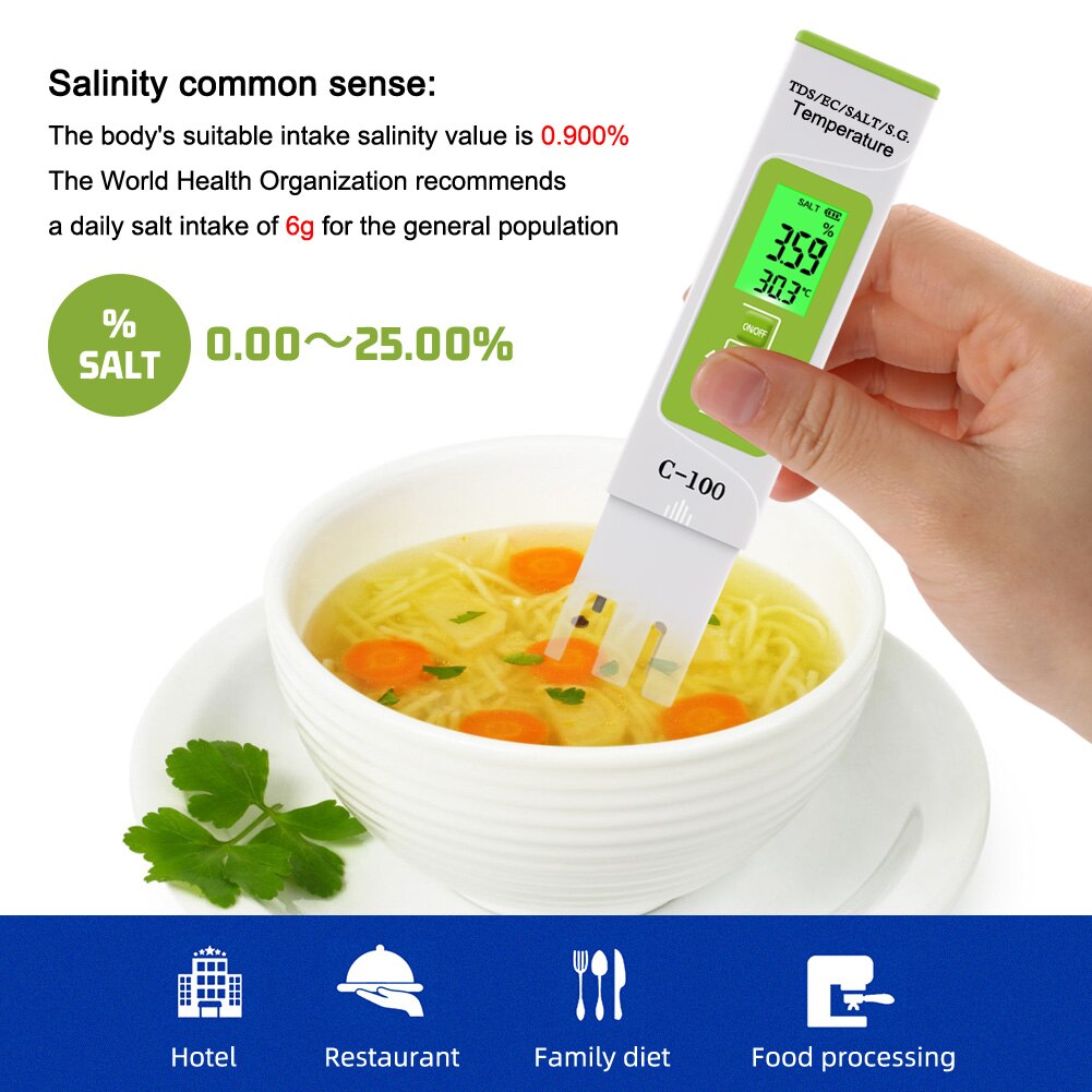 5 in 1 TDS/EC/Salinity/S.G/Temperature Meter Water Purity Digital Multifunction Tester Monitor for Drinking Water Food
