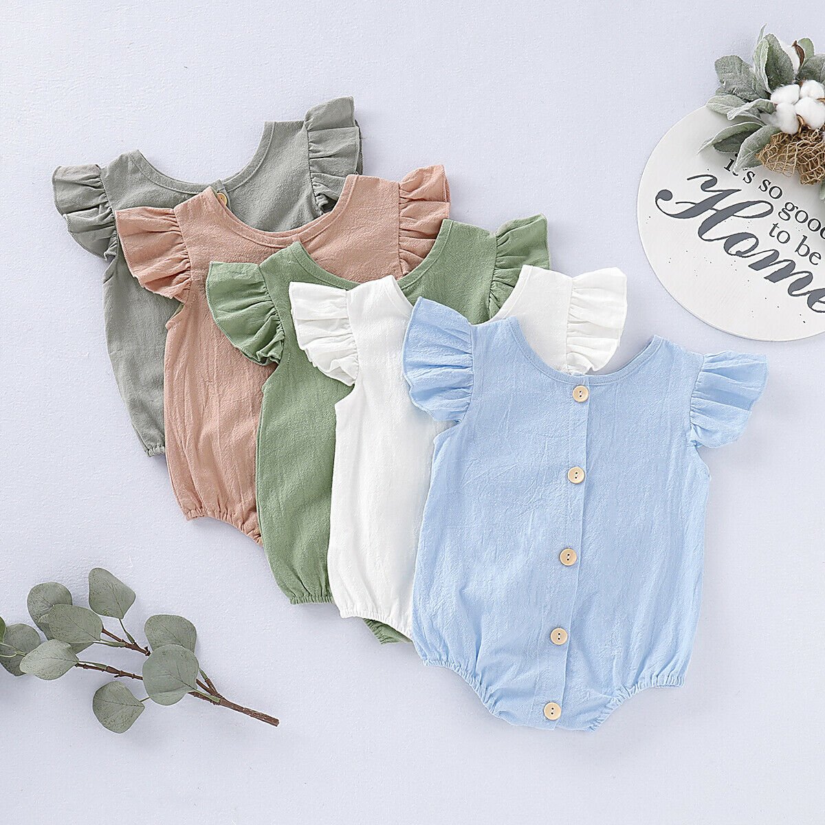 Infants Baby Girls Boys Cute Bodysuits Pure Color Ruffles Short Sleeve Jumpsuit Clothes One Piece 5 Colors