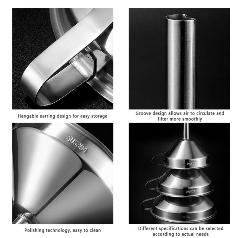 Embudo de cocina de acero inoxidable de tolva para líquidos Metal embudo Filtro de embudo de boquilla para Canning casa herramientas de cocina