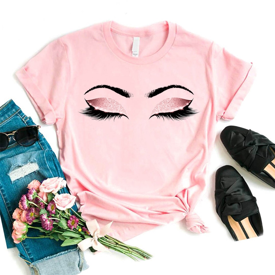 Frauen Wimpern Rosa Kunst T Shirt Mädchen Camiseta Maquillaje Koszulki machen-hoch Hipster Grafik T-Shirt Weibliche Tumblr T-Shirt Schiff