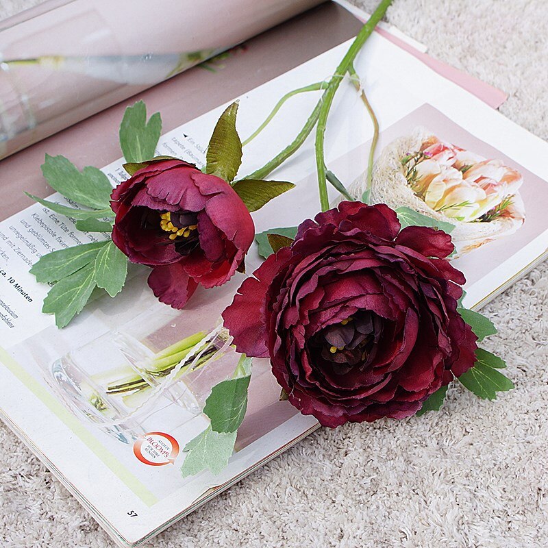 Silke pæon gren med grønne blade bryllup hotel dekoration kunstige blomster fotografering rekvisitter blomster: Rødvin