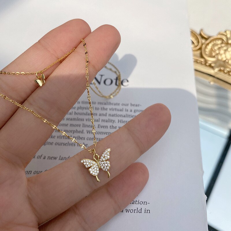 ANENJERY 925 Sterling Silver Shiny CZ Butterfly Necklace for Women Dainty Double Layer Clavicle Chain Necklace Jewelry S-N173: Gold Color