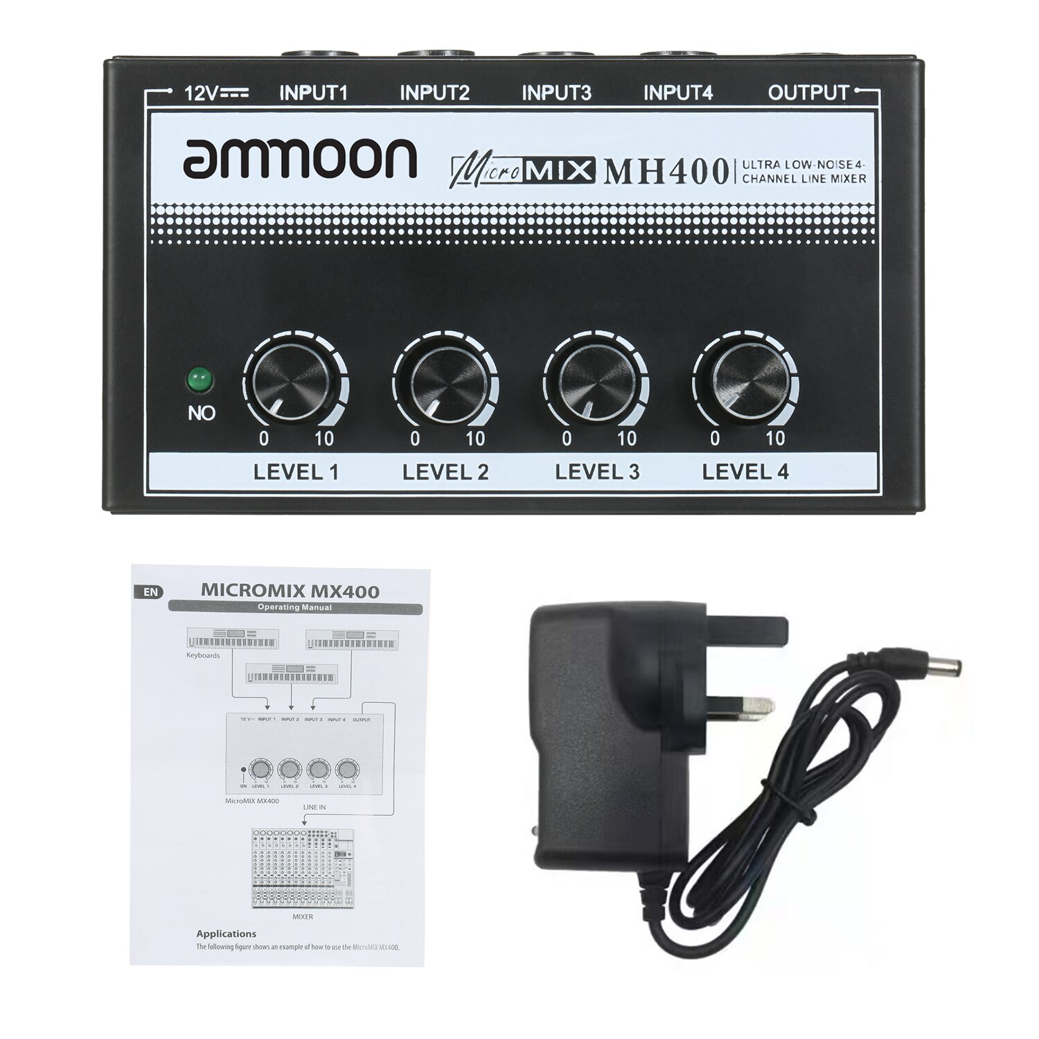 Ammoon MH400 miscelatore Audio a 4 canali a bassissimo rumore mini miscelatore Audio con ingressi TS da 1/4 pollici e controllo del volume di uscita per chitarra: UK spina