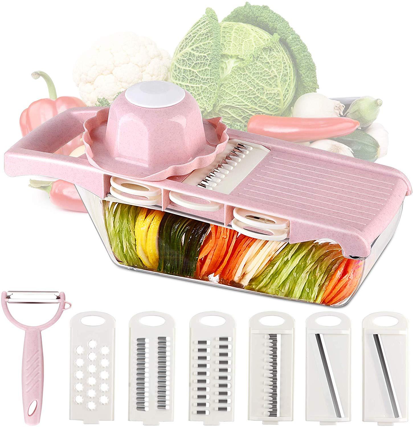 Mandoline slicer vegetal slicer 6 em 1 multi-função cortador de alimentos ralador chopper frutas e queijo 5 lâminas e suporte: Pink
