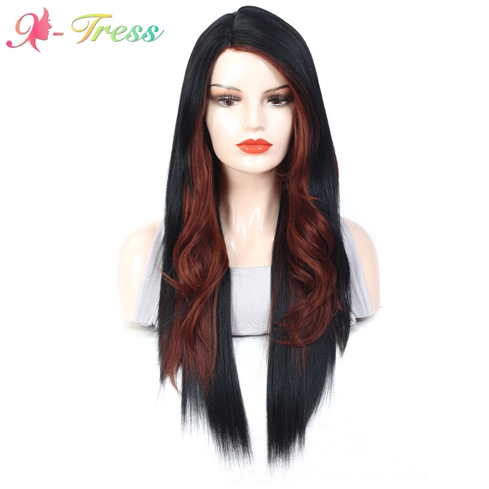 X-TRESS Split Color 2 Part Splice Wigs Black & Dark Red Heat Resistant Trendy Lace Front Synthetic Wig for White Women 26 Inches