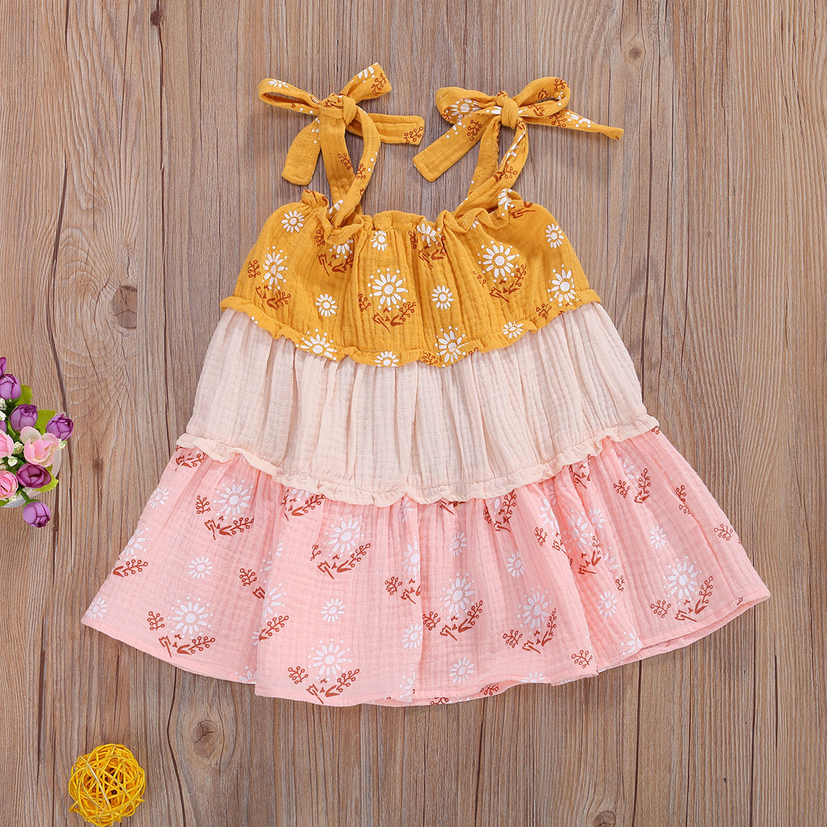 Baby sommer tøj spædbørn børn baby piger bomuld linned kjole spaghetti strop patchwork kjole afslappet farverig kjole