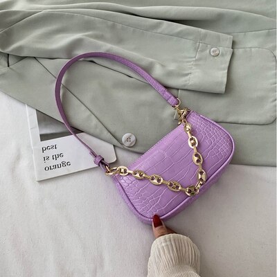 Krokodille mønster baguette tasker mini pu læder skuldertasker til kvinder kæde luksus håndtaske kvindelige rejser: Lilla