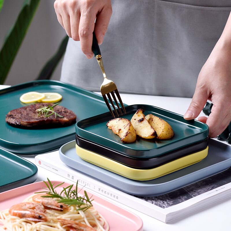 （8 Inch）Ceramic Sushi dish Square Steak Tray Nordic cutlery Baking Tray Plates For Food Fruit Salad Pasta