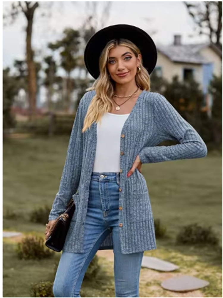 Abrigo de otoño de calle de versátil para citas Top a rayas de manga larga de Color sólido con botones para mujer: XL / Azul