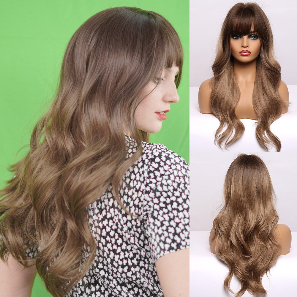 ALAN EATON Ombre Black Brown Long Wave Synthetic Wigs with Full Bangs For Black Women Heat Resistant Fibre Cosplay Party Daily