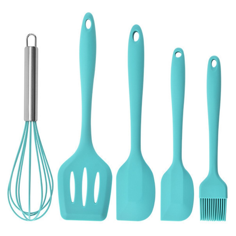 5 Pieces Silicone Cooking Utensils Spatula Set Non-Stick Heat-Resistant Turner for Cooking Baking Kitchen Tools with Oil Brush: Blue
