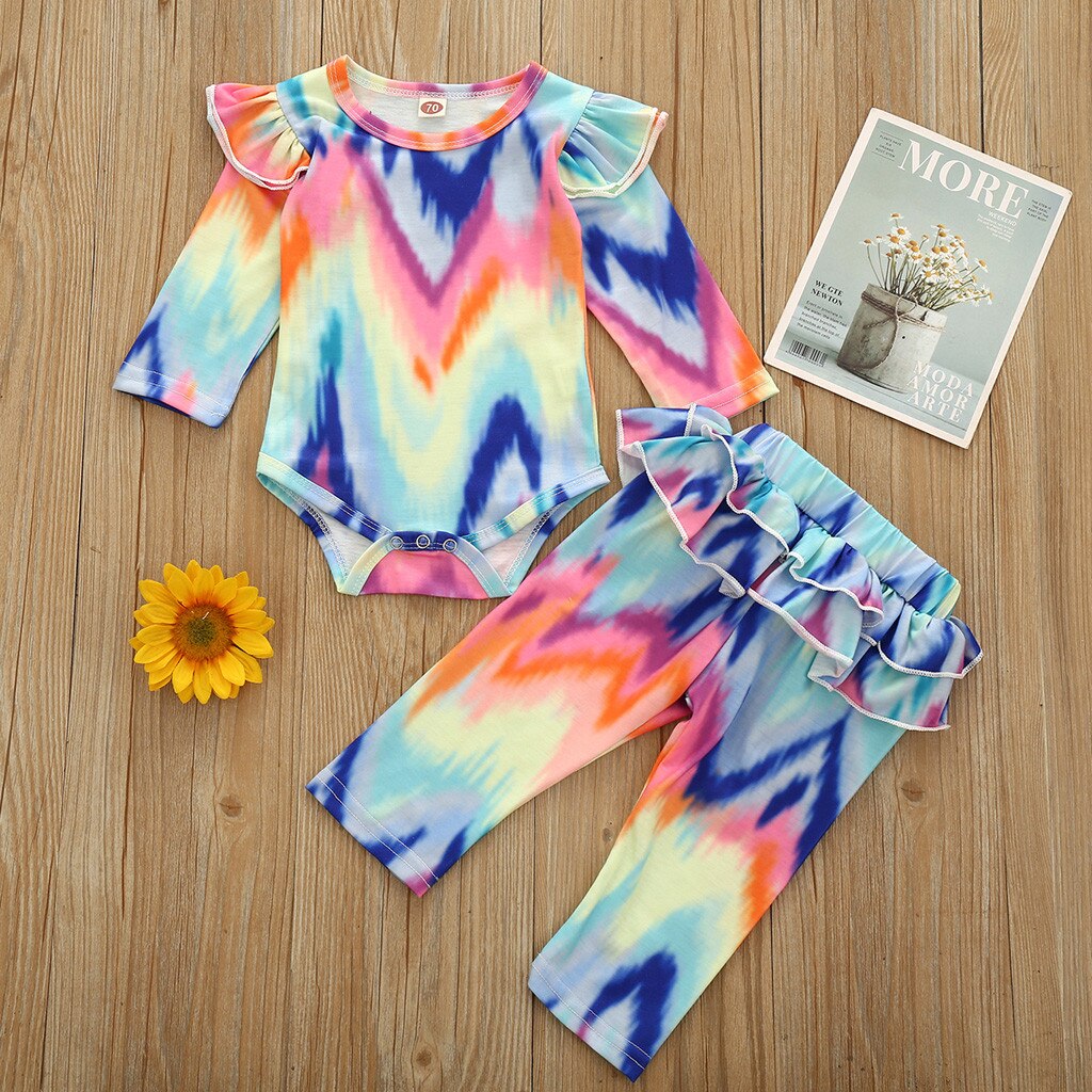 Peuter Baby Meisjes Tie Dye Kleding Geribbelde Gebreide Lange Mouwen Tops Shirt Broek 2 Stuks Fall Winter Outfits Pyjama Set # C: E / 6m