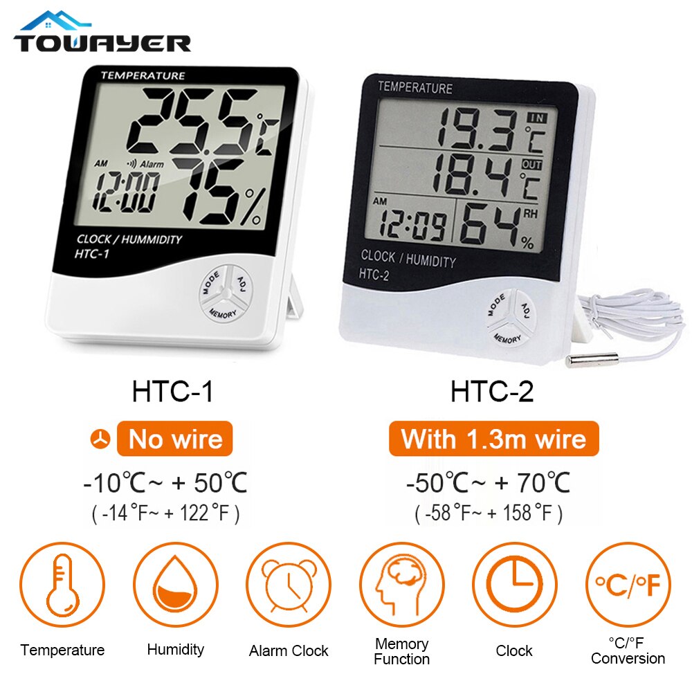 Lcd Elektronische Digitale Temperatuur Vochtigheid Meter Indoor Outdoor Thermometer Hygrometer Weerstation Klok HTC-1 HTC-2