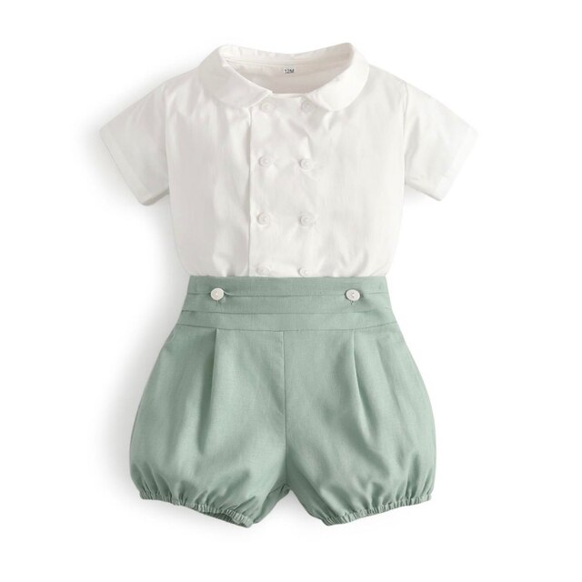 Verão da criança meninos roupas definir espanhol recém nascido cavalheiro terno crianças camisa de manga curta suspender shorts outfit roupas do bebê menino: green suits / 4 T