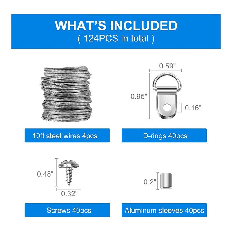124Pcs Picture Hanging Wire Kit,Photo Frame Hanging Kit,Picture Hanging Kit with Nails for Wall Mounting