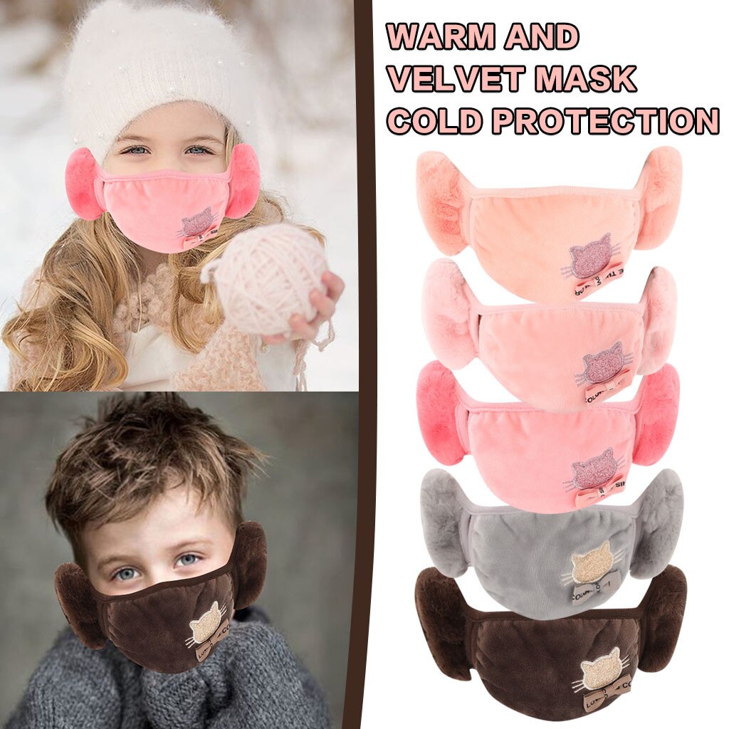 1Pc Winter Ski Fasemask Kids Reusable Cartoon Print Breathable Mascarillas Cotton Washable Warm Maskes Balaclava Cap Hat