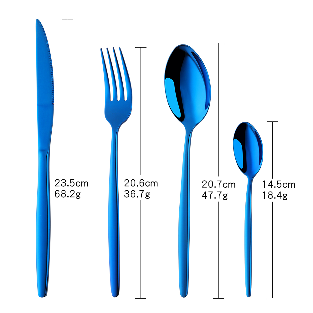 4 stk rustfrit stål guld servise sæt farverigt bestik sæt middag kniv gaffel ske regnbue bærbare bordservice redskaber hjem: Blå