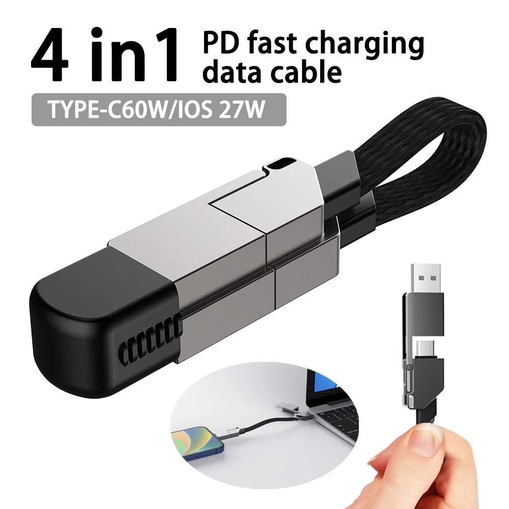 Nøglering multi-opladerkabel kort hurtigoplader  pd 60w multistik kabel 4 in 1 usb a/c til type c opladerledning