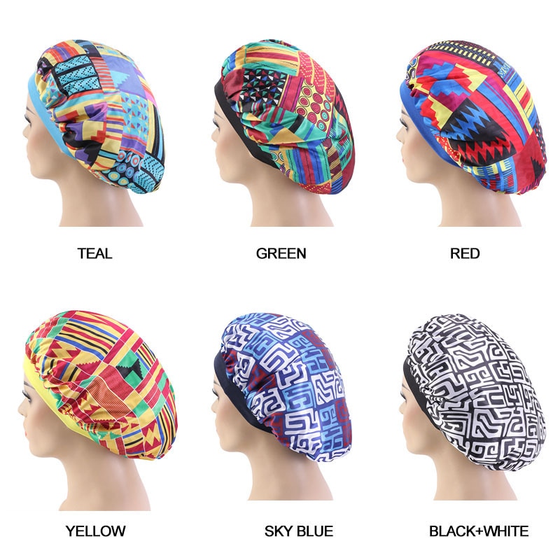 Gorros de pelo de banda ancha para mujer, gorro sedoso con estampado de patrón africano, gorro de noche suave para dormir turbante para señoras Accesorios para peinados