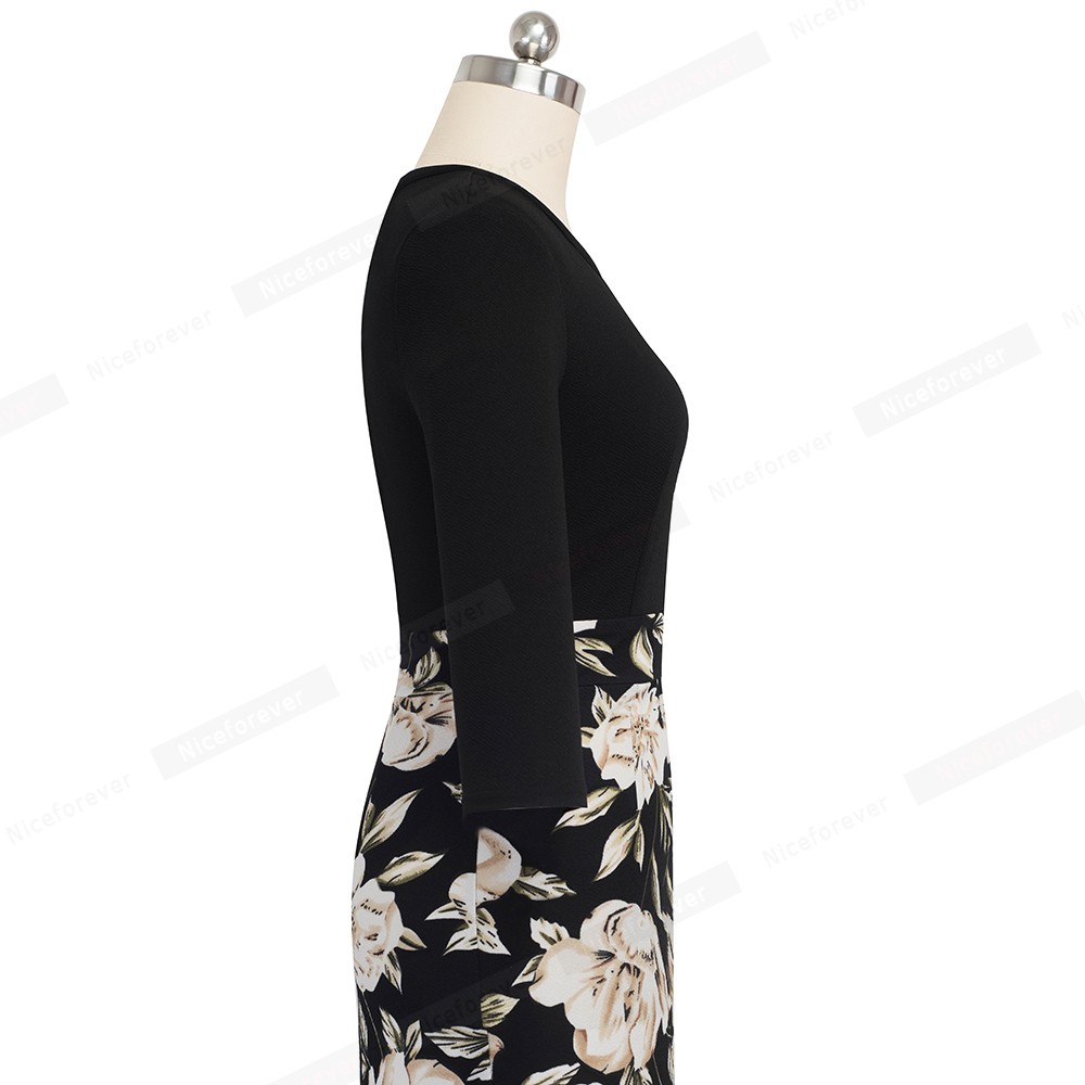 Nice-forever blomsterprint patchwork kontor hult vestidos forretningsfest efterår bodycon kvinder kjole  b556
