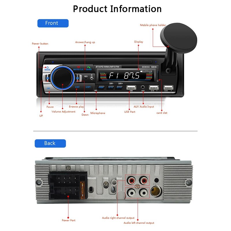 Novel-car multimedia bilstereo singel din bt o och ringer inbyggd mikrofon wma 3 usb aux-ingång fm radiomottagare i