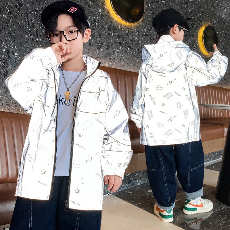 Spring Reflective Hoodies Coat Hip Hop Luminous Jacket Night Reflective Sports Outerwear Kid Boy Graffiti Casual Street Wear