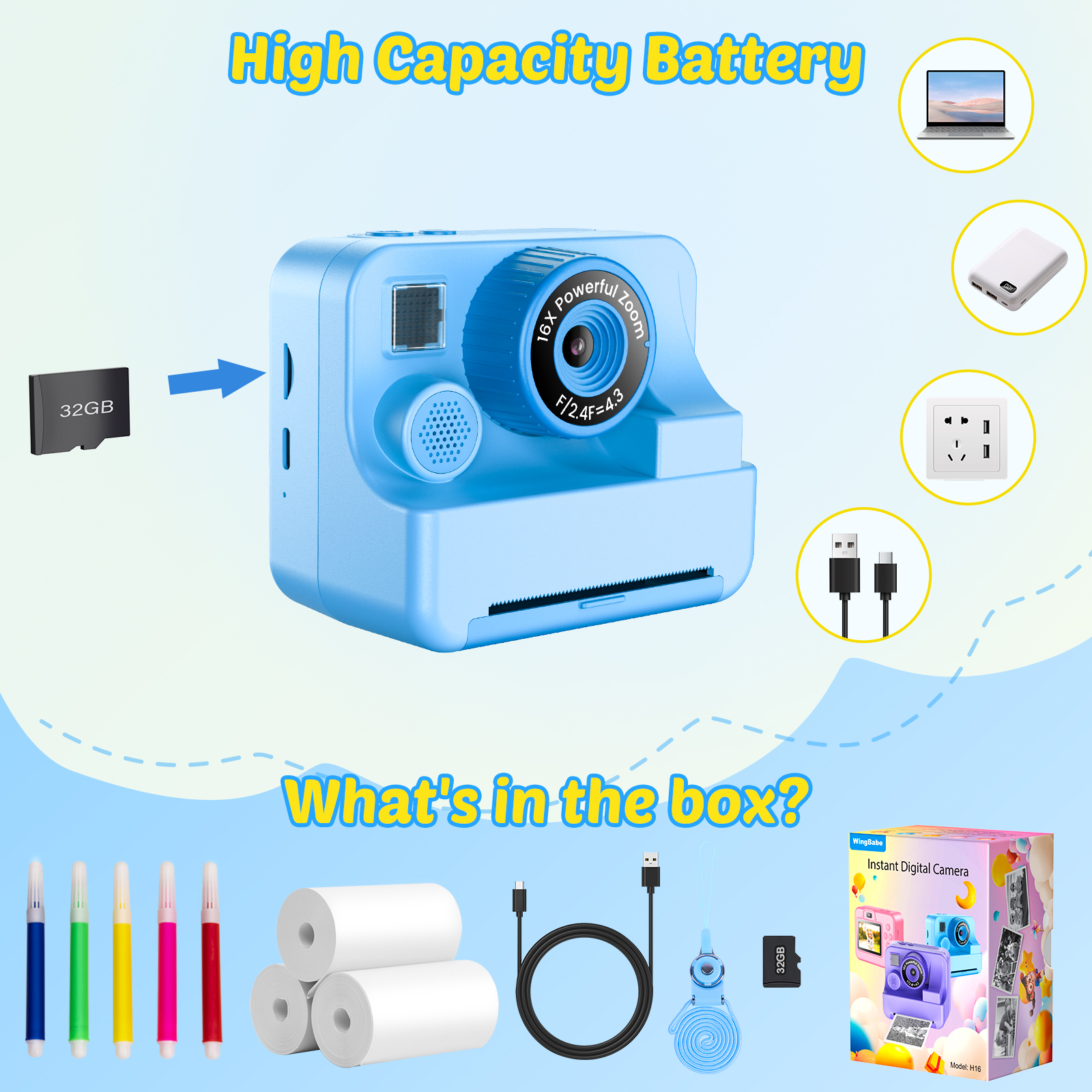 Bee Kids Camera Instant Camera 1080P HD Dual Lens Selfie Digitale Camera Print voor Meisjes Jongens Kerst Verjaardagscadeautjes Speelgoed