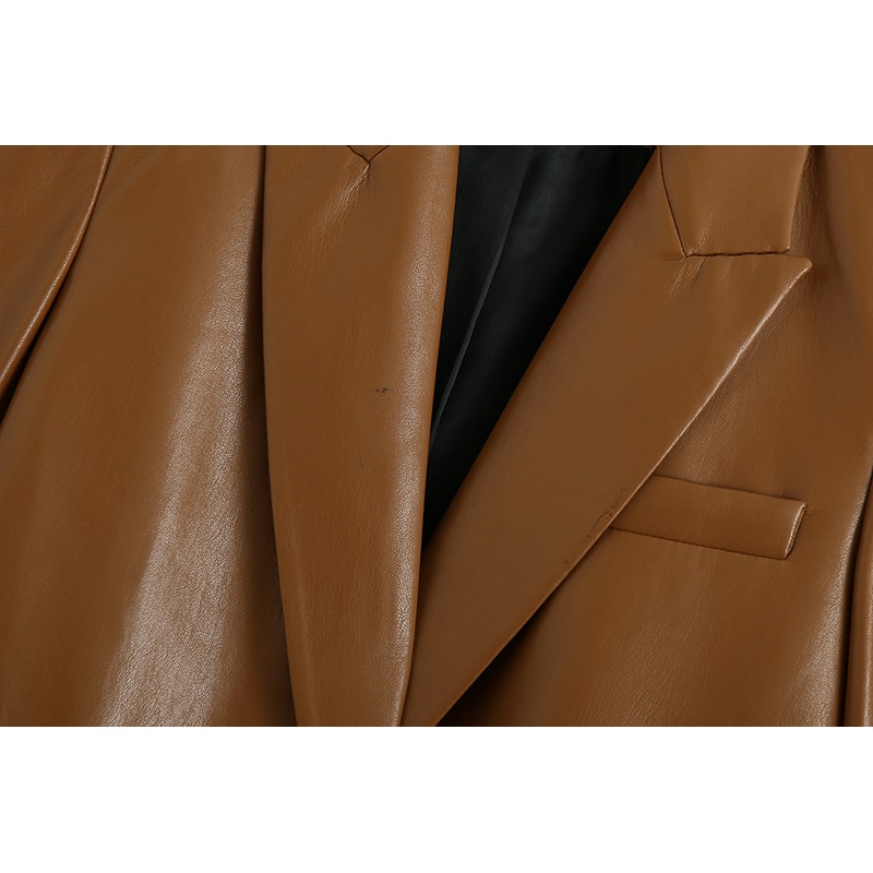 Damjacka za läder casual bruna jackor med enkel knapp pu långärmad varm kappa höst vinter blazer mujer