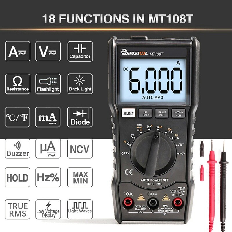 MUSTOOL MT108T Digital Multimeter 6000 Counts True RMS NCV Temperature Tester Square Wave Output Backlight Electronic Meter
