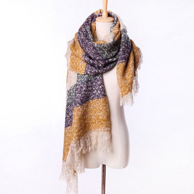 Women Fall Winter Mohair Cashmere Like Scarf Long Size Warm Scarves & Wraps For Lady Casual Patchwork Accessories: Yellow