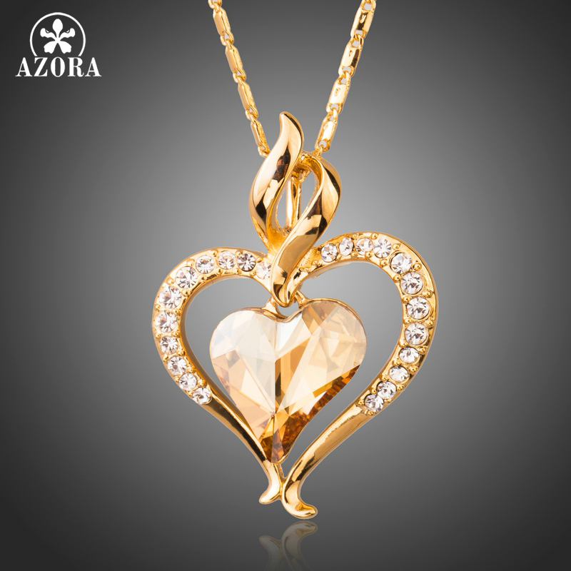AZORA Lange Link Chain Heart Oostenrijkse Kristal Goud Kleur Hart Hanger Ketting voor Valentijnsdag van Liefde TN0204