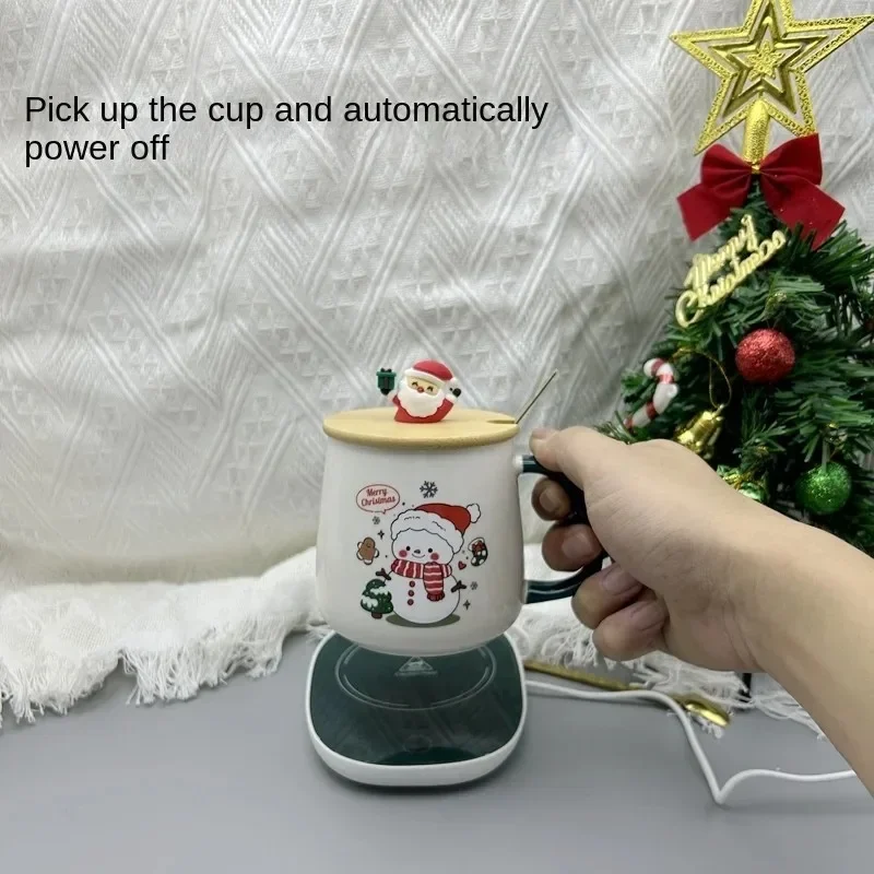 Set de de Navidad: 55 ° Taza de cerámica con retención de calor C con tapa y cuchara – Taza de café portátil para uso en oficina o en el hogar