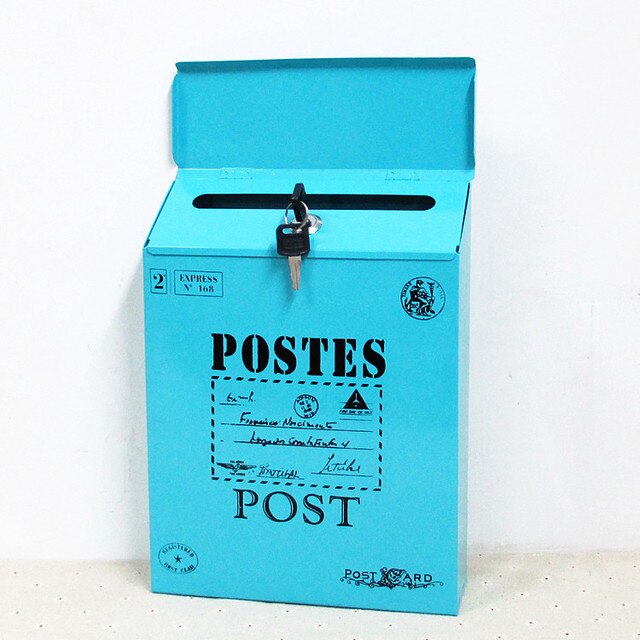 European style iron sheet with lock mailbox American style mailbox suggestion box hanging wall rural style letter box: Blue 1