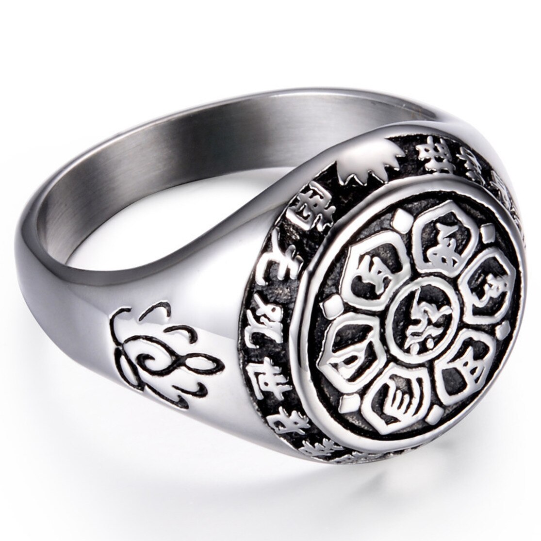 Shenghuo Rvs Zes Karakter Ware Woorden Lotus Sanskriet Guanyin Mantra Voor Mannen En Vrouwen Ring