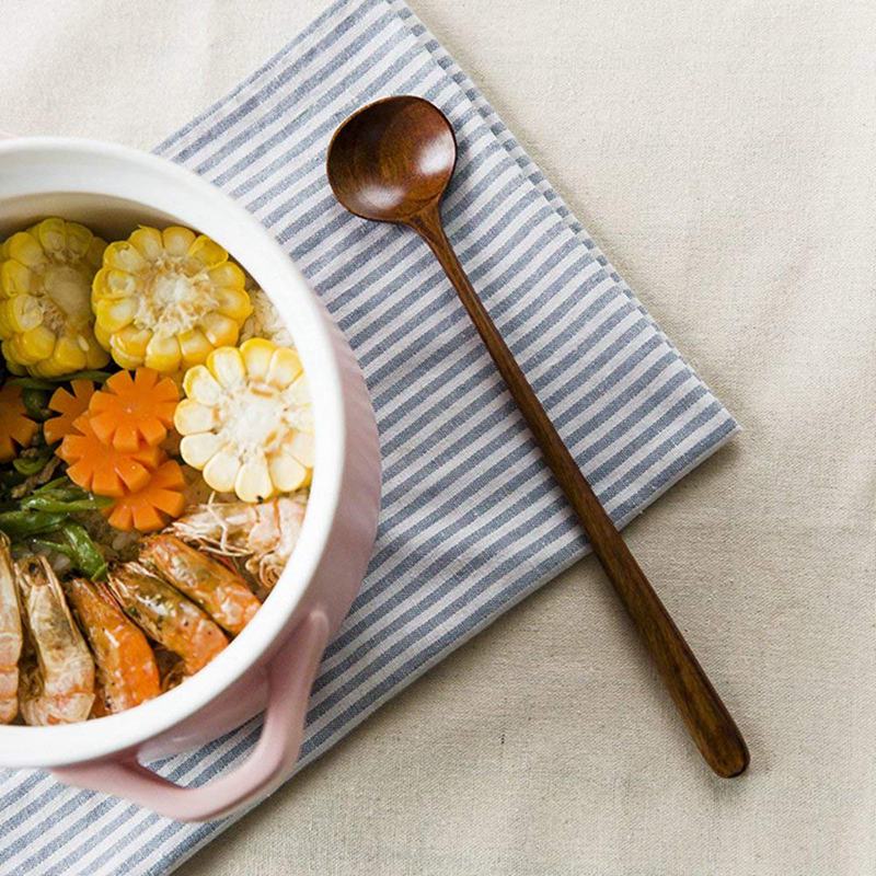 Lange skjeer tre , 5 stykker koreansk stil 10.9 tommer 100%  naturlige tre lange skaft runde skjeer for suppekoking blanding omrører