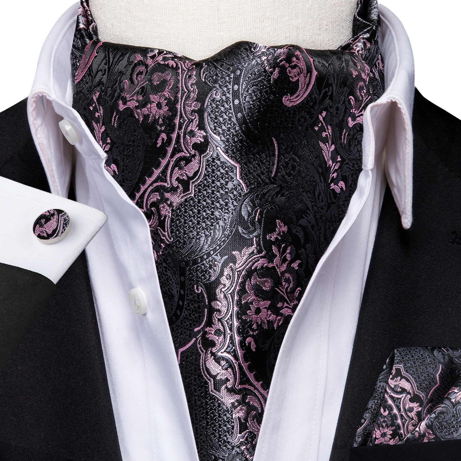 Hi-Tie Silk Mens Ascot Pocket Square Cufflinks Set Jacquard Paisley Floral Vintage Cravat Tie for Male Red Blue Green Gold Pink: Champagne