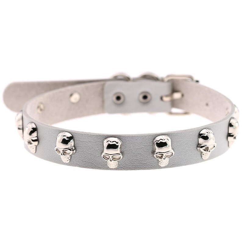 Trendy Punk Rock Silver Color Alloy Skull Leather Choker Necklace For Women Men Collar Jewelry: Gray