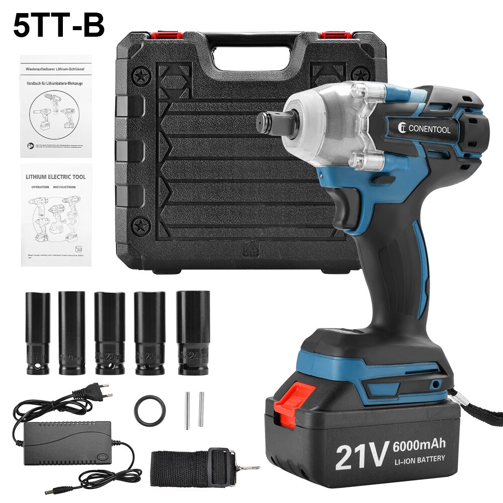 CONENTOOL Brushless Cordless Wrench 21V Power Tool 6000mAh Battery For Makita Rechargeable Battery Impact Wrench LED Light: 5TT-Blue